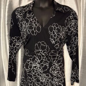 Vince Camuto Floral Black Long Sleeve Stretch Faux Wrap Women’s 2X Midi Dress
